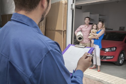 Local movers carrying furniture through a residential property